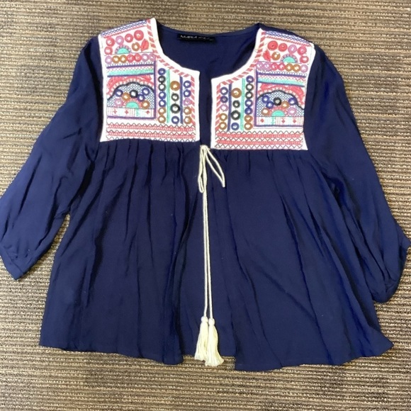 Maria Jose Peasant Top Blouse Shirt Boho Open Front Embroidered tasseled, sz M - Picture 1 of 6